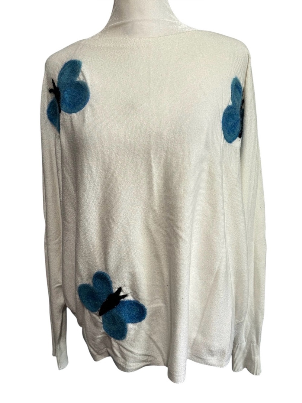 Aaeda White Sweater with Blue Butterfly Appliqués size XL